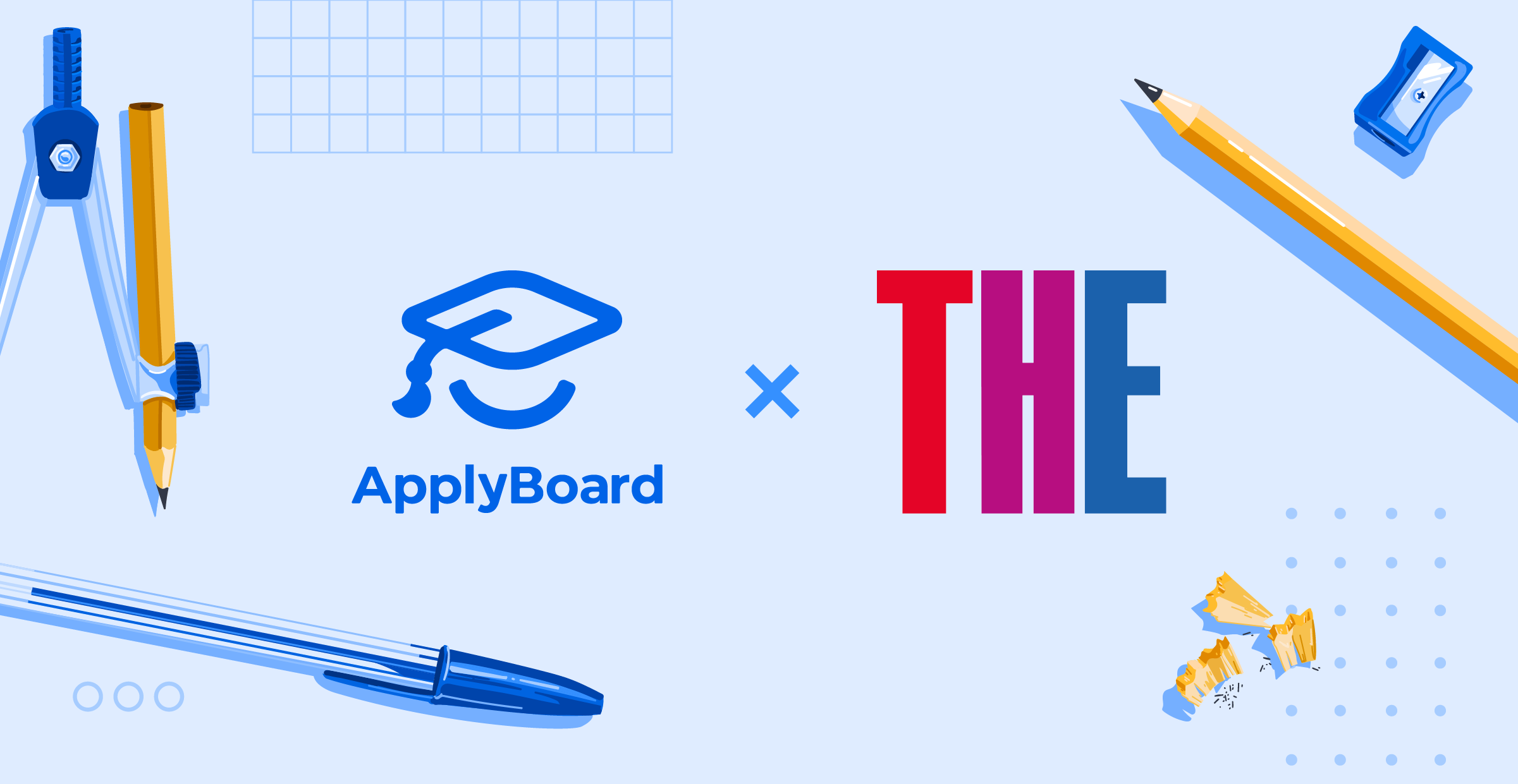 Illustration showing ApplyBoard and Times Higher Education and school supplies