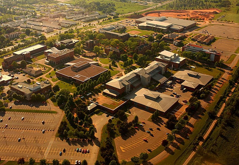 An aerial view of the University of Prince Edward Island campus (note the characteristic red dirt in the area under construction!)