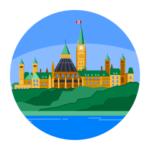 An illustration of Canada's Parliament buildings. (Yellow brick with a green copper roof; a Canadian flag flies overhead.)