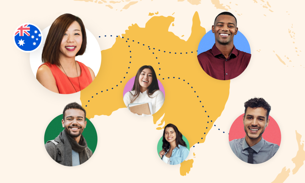 An illustration of women and men's faces overlaid on a map of Australia, with an Australian flag in the background.