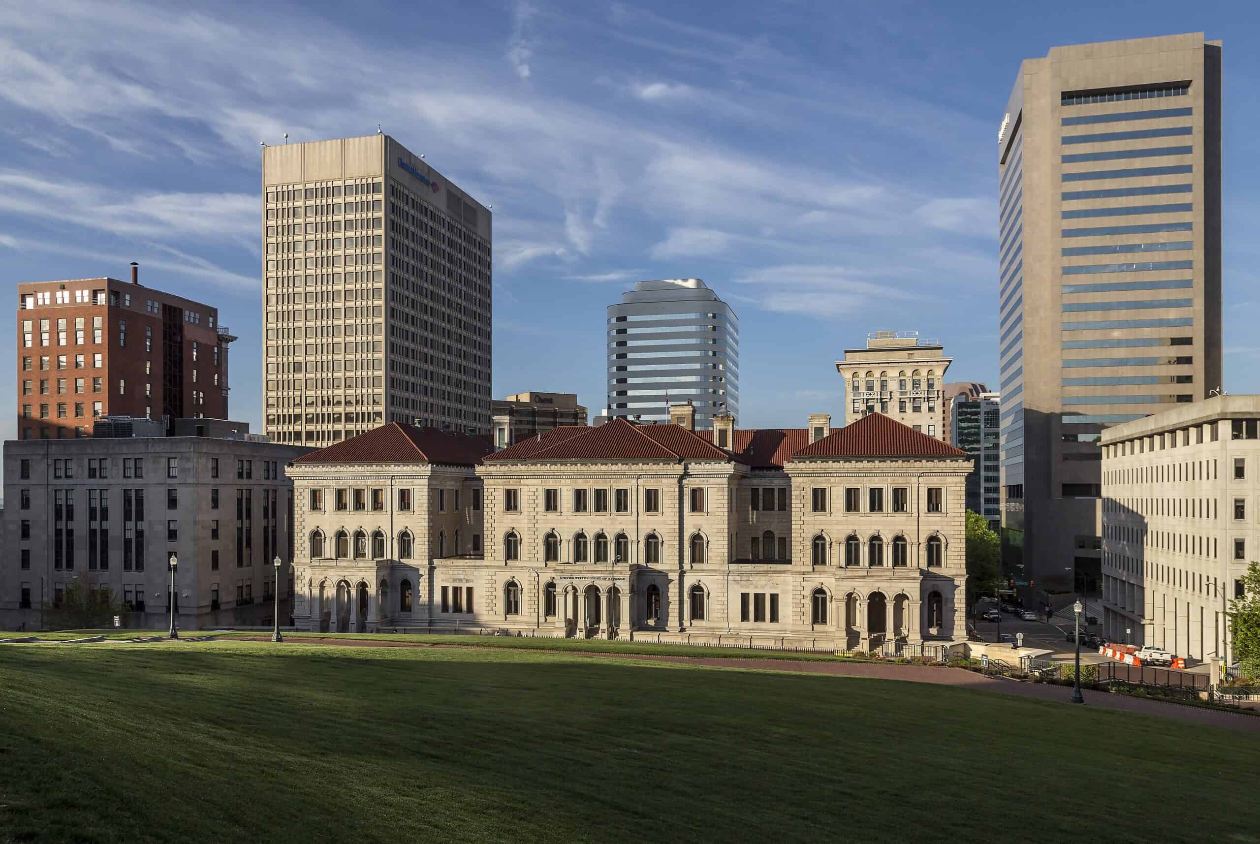 The Court of Federal Appeals (Lewis F. Powell Courthouse) and the skyline of Richmond, Virginia, in the early morning from the upper slope of the Virginia Capitol Grounds, Richmond, Virginia, USA.