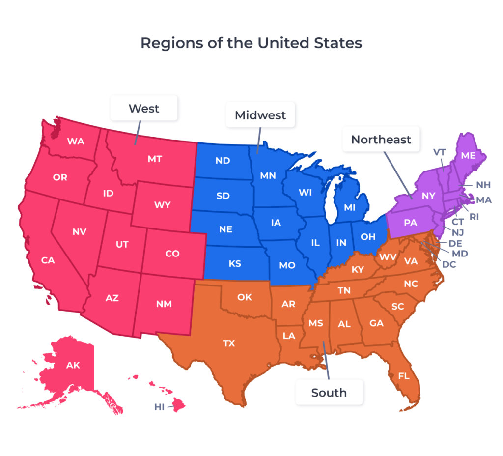 A map of the United States, divided by colour into regions.