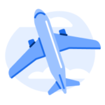 Illustration of a blue airplane flying through the sky from a view underneath.