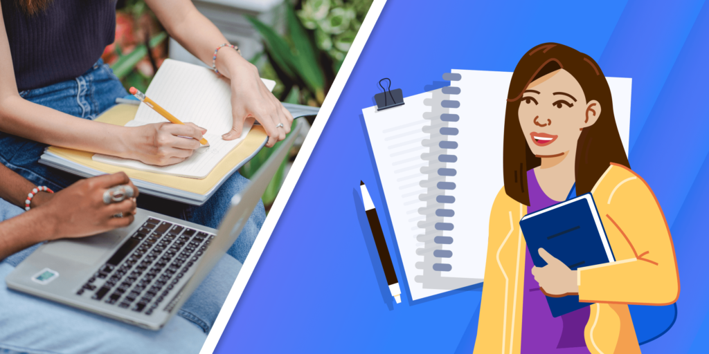 A photograph of a woman studying, and an illustration of a female student carrying a book