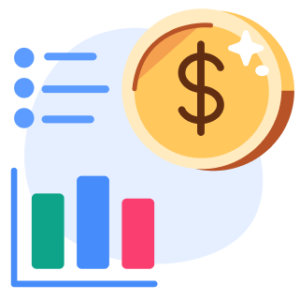 Financial analysis: a bar chart, some bullet points, and a dollar coin