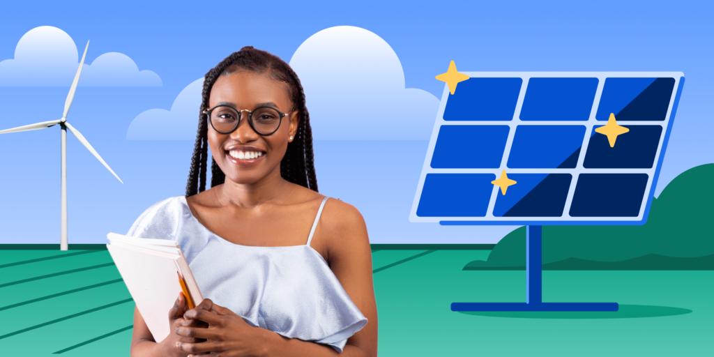 A student stands in front of an illustrated background with a wind turbine, green fields, and a standing solar panel, representing sustainable energy.