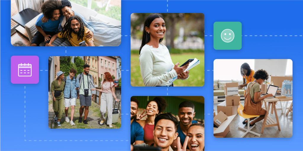 A collage of photographs, all of students walking together, posing happily, or working in a volunteer job.