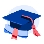 An illustration of a blue graduation cap and diploma.