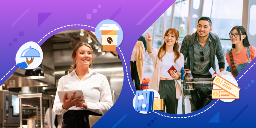 Two photos representing why students should study hospitality in Australia--the first of a young smiling woman working in a kitchen, and the second photo being another young woman directing two people in a hospitality setting.