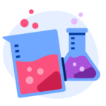 A beaker and a flask with bright liquid and bubbles, representing chemistry class.