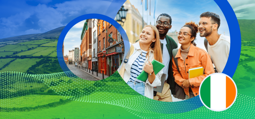 A photo of three international students who can work while studying in Ireland, shown in front of a photo of Ireland's rolling green hills.