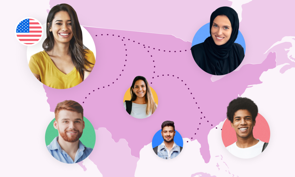 An illustrated map of the United States with photos of international students overlaid.