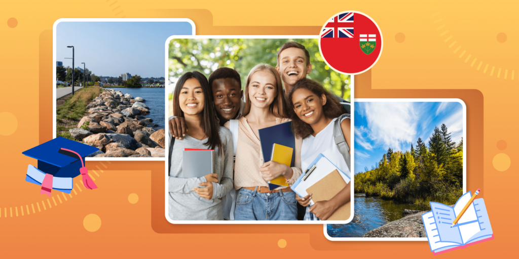 Cityscapes and landscapes of rural and northern Ontario with a photo of international students, and a picture of the Ontario crest