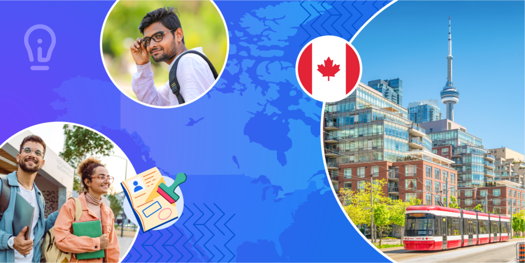 International students stand in green spaces. Opposite their photos is a streetscape of Toronto, with the CN Tower visible in the background.