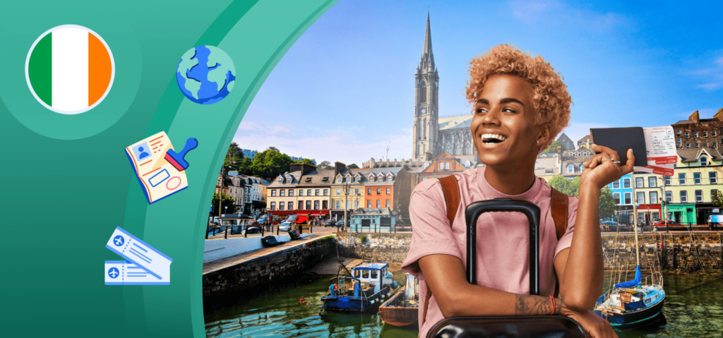 An illustration of a student holding a suitcase in front of a city in Ireland, with images of the Ireland flag, a stamped passport, airplane tickets, and a globe.