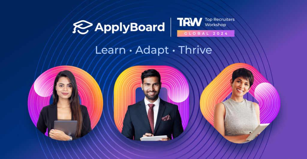 Three recruitment professionals on a purple backdrop, featuring the text Top Recruiters Workshop (TRW) Global 2024: Learn, Adapt, Thrive.