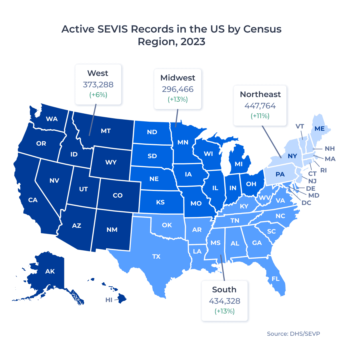 A map of the United States showing the number of active SEVIS records in the US by census region in 2023.