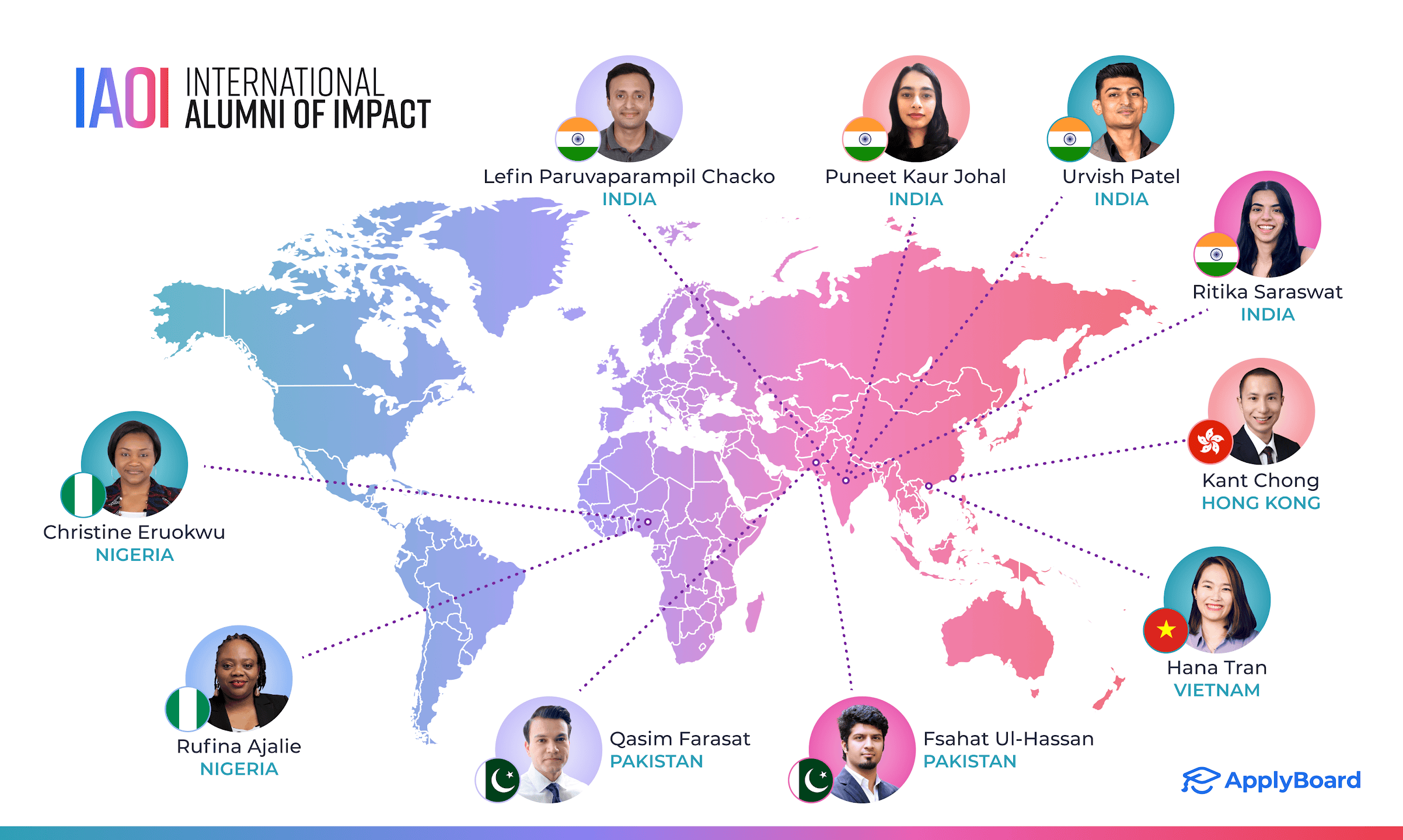 An illustration of a map with the 2024 International Alumni of Impact.