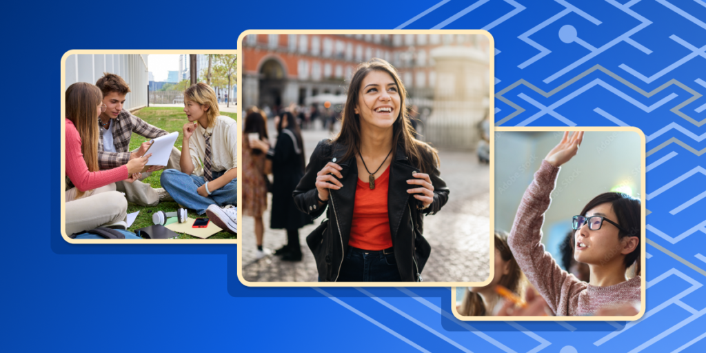 Students sit together on campus, walk through a city landscape, and raise their hand in class in three photos stacked on an illustrated blue background.