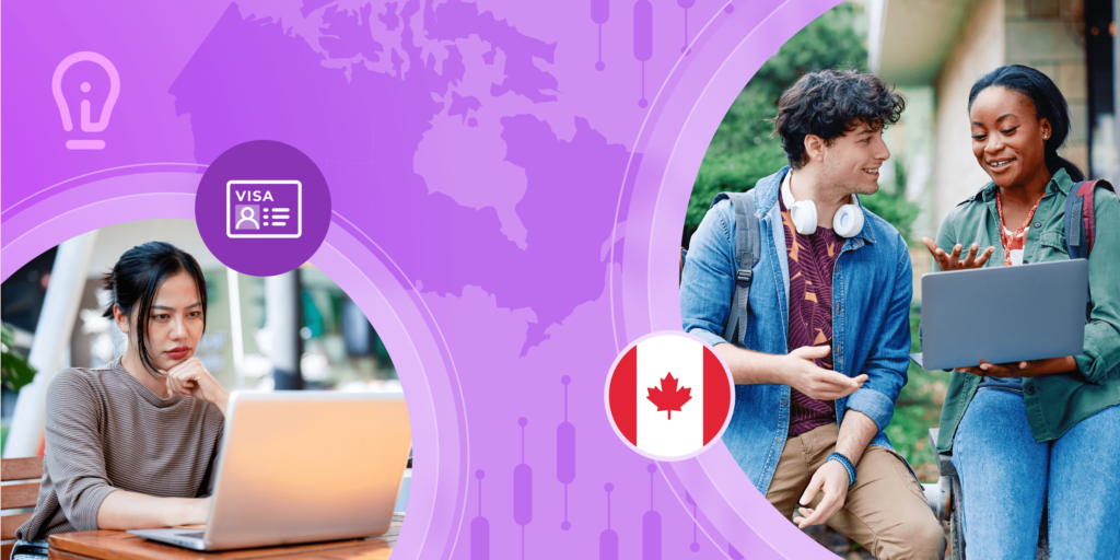 A blog banner image featuring a silhouetted map of Canada on a purple-pink background, along with two round images containing photos of international students on campus