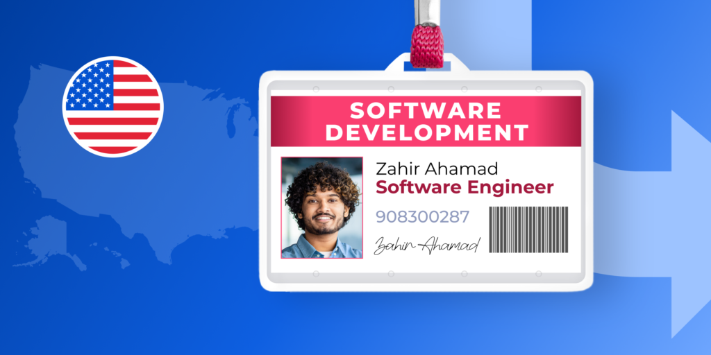 Blog banner image featuring a blue background, a light blue map of the United States, the US flag in a small circle, and an example nametag for a Software Developer