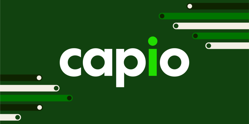 Blog header featuring a dark green background, white and middle green rounded rectangles, and the lowercase title "capio" with the i in green