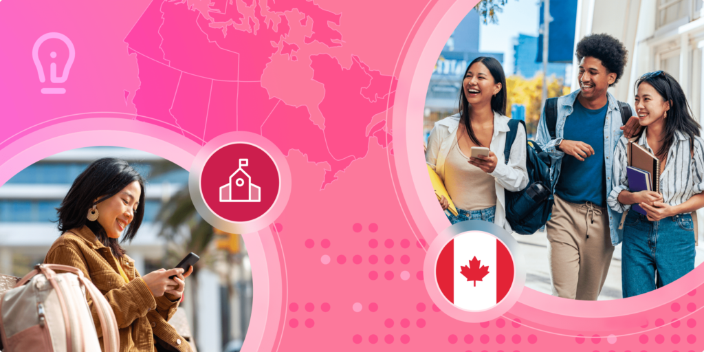 International students, on their own or in a small group, move through campus spaces. Their images are set against an illustrated map of Canada in pink.