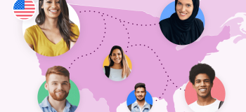 An illustrated map of the United States with photos of international students overlaid.