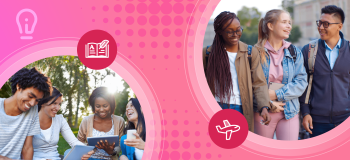 Groups of casually-dressed international students gather in campus spaces in two photos, framed by a pink illustrated background.