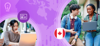 A blog banner image featuring a silhouetted map of Canada on a purple-pink background, along with two round images containing photos of international students on campus