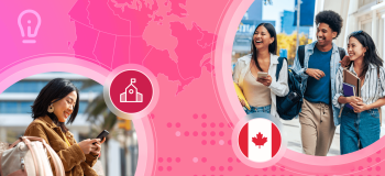 International students, on their own or in a small group, move through campus spaces. Their images are set against an illustrated map of Canada in pink.