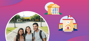 A photograph of three students is framed by an illustration of a Canadian school and a bank.