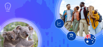 ApplyInsights banner featuring a silhouette of Australia, four students smiling together, and an illustration of the Australian flag on a blue background