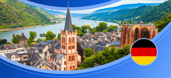 A bird's eye view of a German city, framed by an illustrated blue background and a round graphic of Germany's flag.