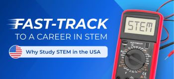 A red multimeter with the word "STEM" spelled out in its window rests on a blue illustrated background.