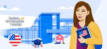 A student stands in front of an illustrated school building.