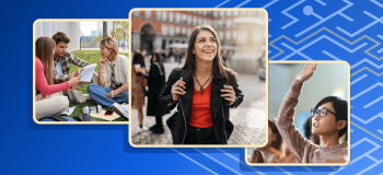 Students sit together on campus, walk through a city landscape, and raise their hand in class in three photos stacked on an illustrated blue background.