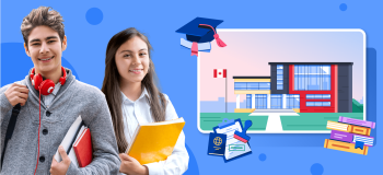 Two secondary school students carrying books are offset by a blue illustrated background, with a large illustration of a modern high school, and smaller illustrations of a graduation cap, books, and a passport with an application form and stamp.