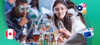 Two students wearing safety goggles conduct a science experiment using glass beakers and test tubes. They are framed by an illustrated green background and illustrations of gears, a networked computer, and a Canadian flag, representing STEM in Canada.