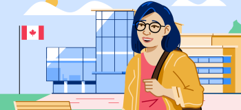 An illustration of a woman wearing glasses, standing in front of a university or college which is flying a Canadian flag, studying there thanks to Canadian scholarships for international students.