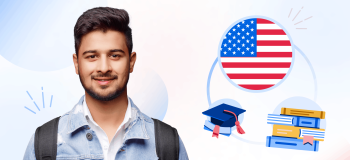 An illustration of male student with American flag, grad hat, and books graphic behind him.