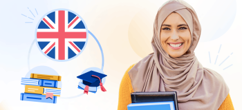 An illustration of a female student with Britain's flag, grad hat, and books graphic behind her.